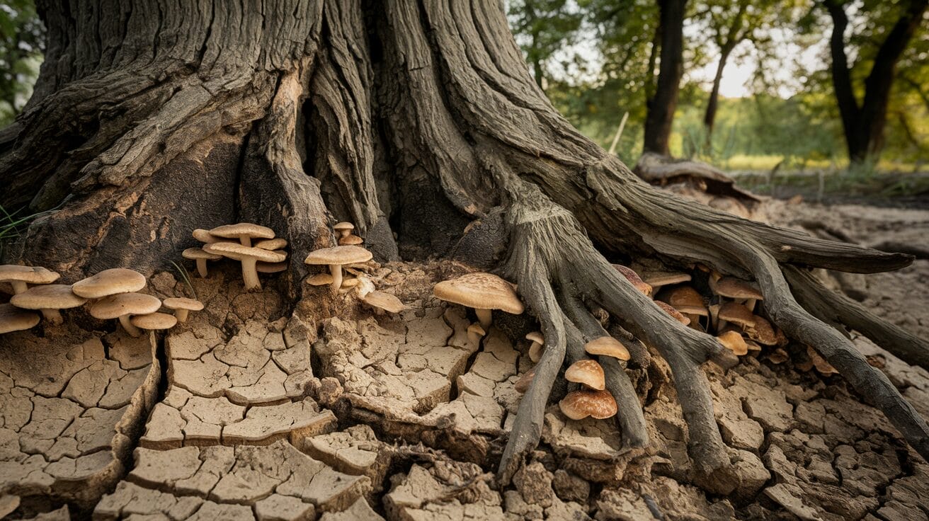 A tree with fungal growth and exposed roots, indicating root rot
